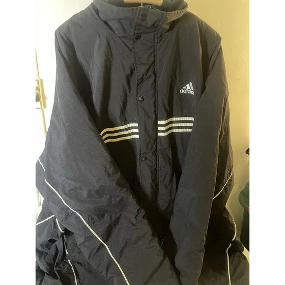 VTG Adidas Men's Jacket Hooded Coat 3-Striped Logo Full Zip Fleece Lined Sz 4xl